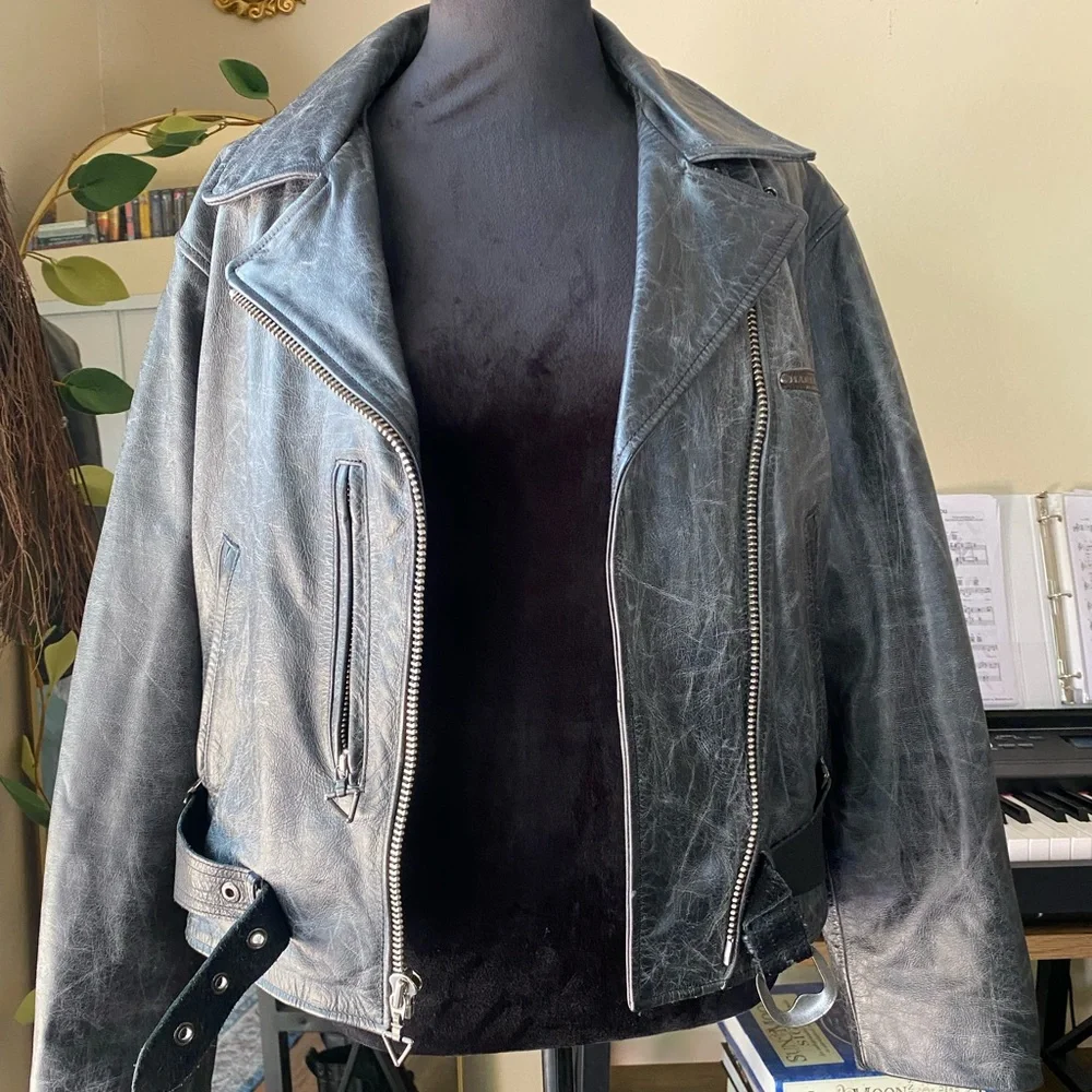 Womens distressed Harley Davidson leather moto jacket corset belt grey marled l - Picture 5 of 16